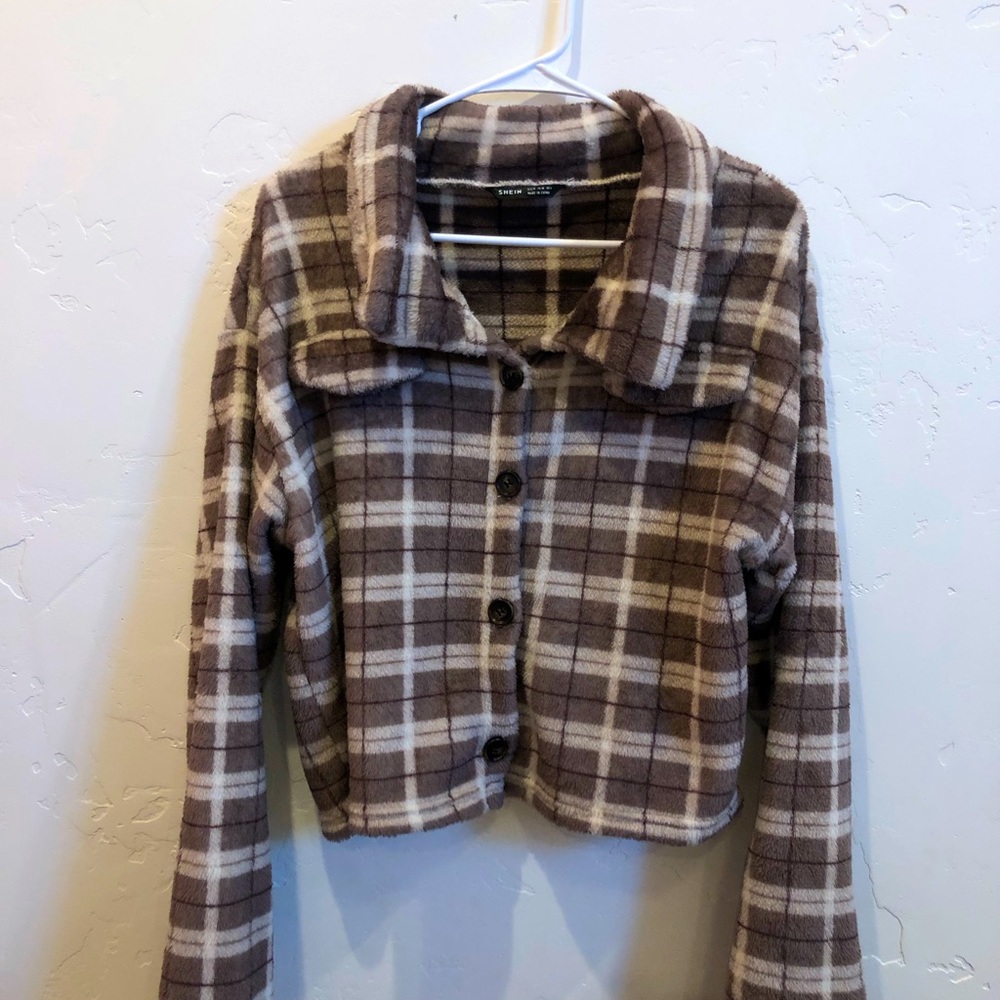 Cropped Flannel Jacket in a Dark Lavender shade.